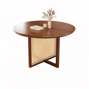 Table à manger ronde de haute qualité en bois de teck massif avec rotin et finition couleur marron pour une utilisation intérieure et extérieure - Product Image 4