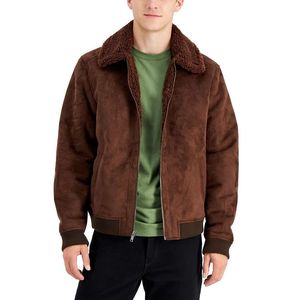 Alfani Men's <b>Suede</b> <b>Bomber</b> <b>Jacket</b> Brown Size Medium High Genuine Sheep Skin Embroidered Stand Zippered Closure for Winter Spring - Product Image 1