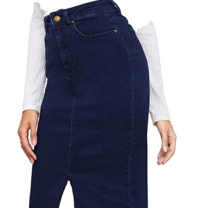 Jupe en jean pour femmes, élégante et longue, adaptée aux tenues de printemps et d'automne, jupe en jean pour femmes, taille haute, coupe droite - Product Image 5