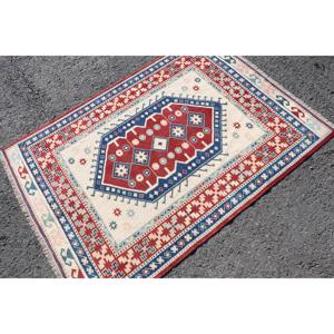 พรมวินเทจขนาด 3.4x4.7 ฟุต พรมตกแต่งสไตล์ตุรกี พรมขอบสีแดงน้ำเงิน - Product Image 4