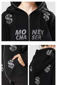 Sweat à capuche noir zippé double entièrement brodé en molleton épais polyester/coton écologique style streetwear - Product Image 6