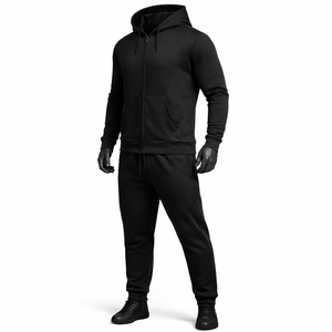 Ensemble de survêtement personnalisé noir uni avec fermeture éclair, veste à capuche et pantalon de jogging en coton et polyester, OEM ODM, vêtements de sport unisexes - Product Image 3