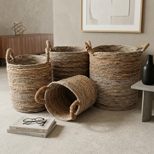 Ensemble de paniers de rangement en écorce de bananier naturelle, cylindres horizontaux tressés avec poignée en arche, pot de fleurs, décoration artistique pure pour la maison - Product Image 4