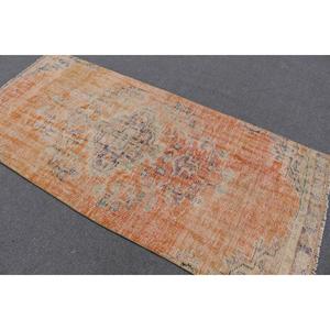 Alfombra Turca, Alfombra Vintage de 3.5x7.6 pies, Alfombra de Lana con Diseño a Cuadros Naranja y Azul - Product Image 4