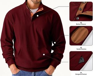 Sweat-shirt à manches longues décontracté en velours côtelé pour homme avec col montant et boutons Pull-over 100% polyester brodé Hoodies avec poches - Product Image 3