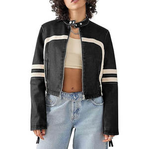 Veste en cuir d'agneau véritable de style vintage à la mode pour femmes col montant d'hiver avec logo avant et fermeture à glissière - Product Image 1