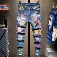 Jeans skinny droits déchirés et vieillis avec des éclaboussures de peinture personnalisées, pantalon vintage, jeans brodés et rapiécés pour hommes