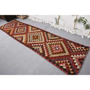 Alfombra Vintage de 2.8x10.8 pies, Alfombra Turca, Alfombra de Lana Floral Roja Marrón - Product Image 3