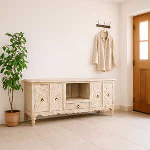 Meuble TV convertible de luxe extensible en bois massif, style ferme moderne, pour salon, avec sculpture artisanale - Product Image 1