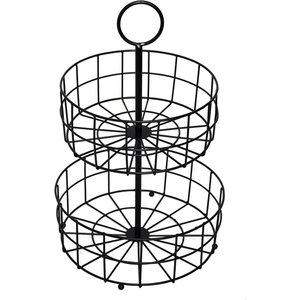 Panier en fil de fer métallique de conception royale avec poignée, 2 niveaux, finition noire, forme ronde, pour table, salon, paniers de rangement - Product Image 1