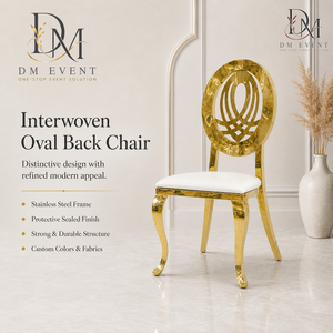 Chaise de mariage en acier inoxydable doré à dossier rond ajouré orné avec coussin blanc pour événements de mariage et banquets – Sièges événementiels - Product Image 1
