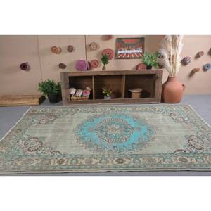 Tapis turc vintage 6.2x9.4 pieds bleu beige laine tissage plat motif patchwork pour salon décor couloir utiliser support en latex - Product Image 1