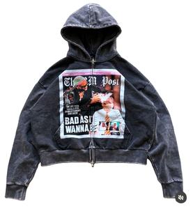 Sudadera con capucha bordada desgastada de algodón French Terry de 500 GSM personalizada, sudadera recortada con cremallera y lavado ácido, sudadera con cremallera de retazos lavados - Product Image 3