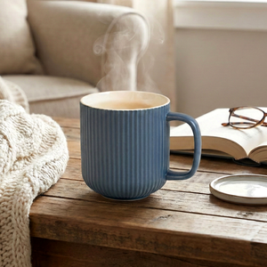 Ensemble de 2 tasses à café en céramique bleues côtelées, style américain, en New Bone China (0% de cendres osseuses), 14 oz, compatibles lave-vaisselle et micro-ondes, à rayures - Product Image 3