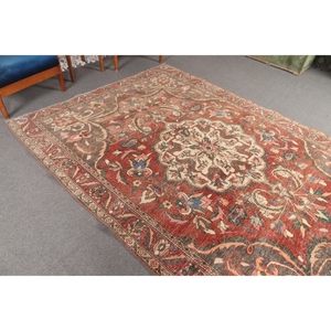 Alfombra turca grande de 6.6x9.7 pies, roja vintage con diseño geométrico y elementos florales. - Product Image 2