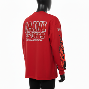 Camiseta de manga larga de algodón de alta calidad, transpirable, roja, con estampado gráfico llamativo y brillante para hombre - Product Image 5