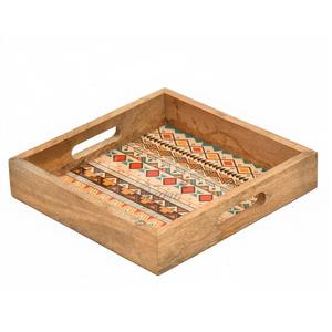 Plateau de service carré en bois de manguier fait à la main avec motif tribal imprimé et poignées découpées, plat en bois décoratif pour la décoration de la maison - Product Image 1