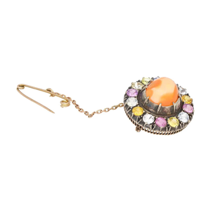 Pin de ópalo naranja natural con detalles de zafiro multicolor en oro y plata Pin de ópalo cabujón para mujer - Product Image 1