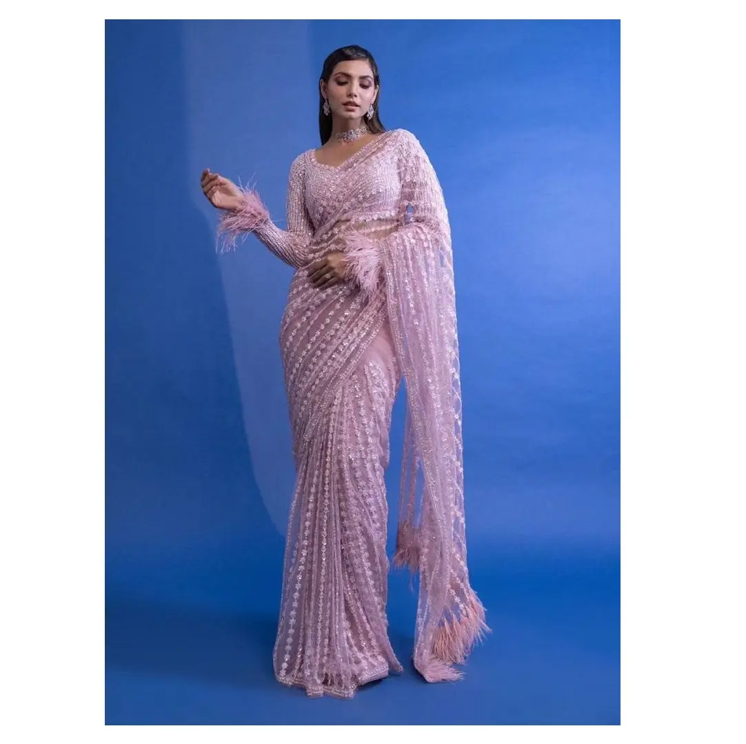 Indossa l'etnia indiana rete morbida con tutto il lavoro di ricamo con bordo in pizzo Saree per feste e Festival wear Sari per le donne