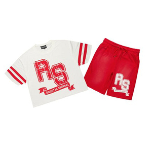 Camiseta de algodón de alta calidad Pantalones cortos con cordón Conjunto de hombre Personalizado Sun Fade Wash Empalme Serigrafía Colección de verano-Fábrica - Product Image 1