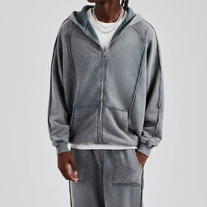 Ensemble de pantalons de survêtement à capuche zippés délavés à l'acide vintage pour hommes Survêtement respirant lourd personnalisable déchiré 100% coton solide - Product Image 4