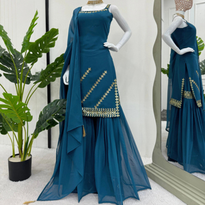 Premium Faux Georgette Sharara Robe avec Paillettes Travailler Entièrement Cousu avec Élastique 38 Pouces Longueur & 2.2M Tassel Dupatta - Product Image 1