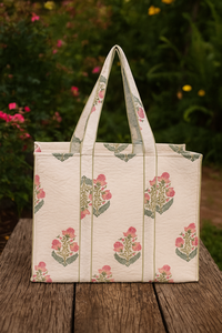 Indian White Quilted Cotton Tote <b>Bag</b> for Ladies Customizable Zipper Closure Eco-Friendly Vintage Canvas Travel Handmade Fashion - Product Image 2