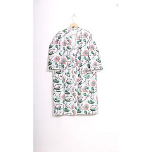 Vintage Cotton Kantha Kimono Robe Handmade Block Print Floral Design V-Neck Drawstring Closure Breathable Eco-Friendly Summer - Product Image 1