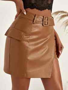 Women's Elegant Woolen Mini Straight <b>Skirt</b> High Waist Slim Fit with Zipper Anti-Static Soft and Shiny Design for Spring <b>Winter</b> - Product Image 2