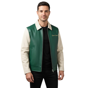 Veste streetwear unisexe en cuir de vache d'hiver, vert et blanc, bomber de baseball, broderie personnalisée, logo sur le devant, toile enduite - Product Image 4