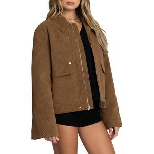 Veste en cuir suédé marron véritable pour femmes, coupe ajustée, avec col montant et revers doux et respirant, teint uni pour l'hiver - Product Image 6