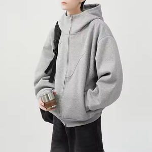 Customized logo Grey Stitching Zipper Hoodie Side Pocket New Design French Terry Hoodie Heavyweight Long Sleeve Windproof Hoodie - Product Image 5