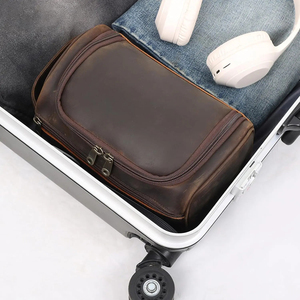 Vintage Leather Toiletry Bag with Zipper Closure and Soft Handle Portable Cosmetic <b>Case</b> Medium Size - Product Image 5