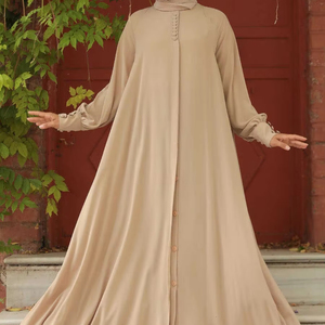 Abaya tendance pour femme, brodée, à manches plissées, col bateau, longueur ras du sol, en tissu doux, séchage rapide, respirante, légère, pour le quotidien et le bureau - Product Image 1