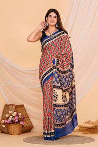 Algodón tradicional indio Mulmul dibujado a mano Ajrakh impreso hasta el suelo blusa Sari ligera nuevo diseñador de Bollywood verano - Product Image 1