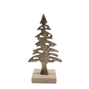 Set of 3 Decoration Aluminum & <b>Wood</b> X-Mas <b>Tree</b> With Square Wooden Base Gold Color for <b>Christmas</b> & Home Decoration - Product Image 1