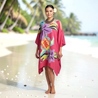 Robe Kaftan Femme Tendance en Rayonne Peinte à la Main, Motif Floral Tortue, Style Tropical, Parfaite pour la Plage et l'Été