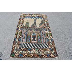 Tapis turc vintage bleu vert classique 3,6 x 6,2 pieds, fait main, écologique, à poils moyens, design patchwork, en laine, bambou et soie - Product Image 1