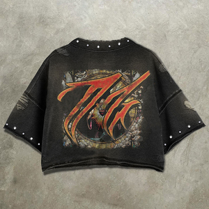 Camiseta de Hombre Personalizada de Fabricante, con Pedrería, Corte Recto, Estilo Urbano, Gráfica, Lavado Ácido, de Tela Gruesa - Product Image 2