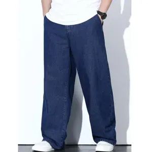 Jeans kaki lurus untuk pria, jins kaki lurus warna polos dengan saku, gaya penurun ukuran ekstra besar