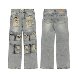 Custom Logo OEM <b>Jeans</b> <b>Men</b> Heavy Distressed Washed Distressed <b>Jeans</b> <b>Flare</b> Denim Pants Unisex - Product Image 2