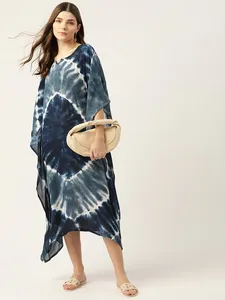 Summer Vibes Rayon Tie-Dye Women's Wear Long Kaftan Dress Round Neck Long Dress Short Sleeve Vacation & Beach Wear Long Dress - Product Image 4