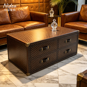 Tavolino da Caffè Vintage in Pelle Nera Stile Campagna con 4 Cassetti Contenitori e Angoli in Ottone - Product Image 4
