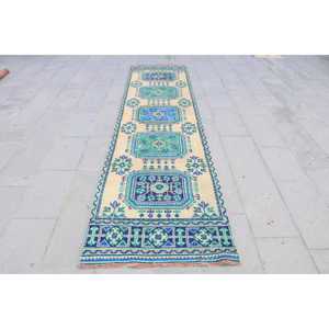 Alfombra Turca de 2.9x11.5 pies, Alfombra Vintage, Alfombra de Lana Azul con Diseño de Patchwork - Product Image 1