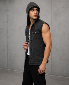 Chaleco Vaquero sin Mangas para Hombre, Personalizado, con Capucha, de Algodón Lavado, Estilo Casual, Color Sólido, Bordes Deshilachados, Estilo Urbano - Product Image 1