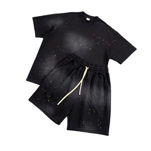 Short de motard délavé à l'acide ensemble de 2 pièces ensemble de short de jogging imprimé surdimensionné ensemble de shorts d'été délavés au soleil en gros pour hommes - Product Image 1