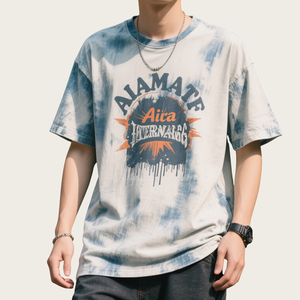 Camiseta de manga corta de algodón pesado Vintage 270g, hombros caídos lavados, Retro DTF, ropa de abrigo holgada de algodón con logotipo frontal - Product Image 2