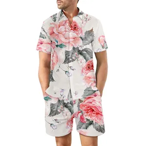 맞춤형 레이온 짠 꽃 남성 매칭 투피스 하와이 세트 옷 해변을위한 셔츠와 반바지 세트