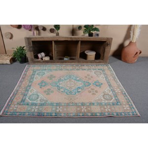 Alfombra turca Vintage azul Rosa tradicional 4,6X6,1 pies Patrón de retazos Alfombra de lana para sala de estar para decoraciones de adolescentes Látex - Product Image 1
