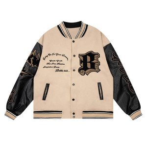 Chaqueta Bomber de Cuero para Hombre con Mangas de Cuero, Estilo Varsity de Invierno, con Parches y Bordado de Letras, Cortavientos - Product Image 3